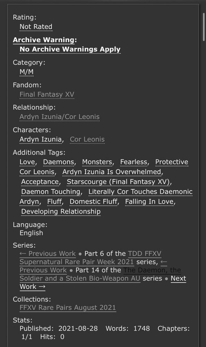 On to day 6 of #FFXVRPAug week! <a href="/FFXVrarepairs/">FFXV Rare Pairs Week</a> 

And I have decided to use the prompt of monsters. And cor leonis loves /his/ monster! 🥰🥰

archiveofourown.org/works/33522574