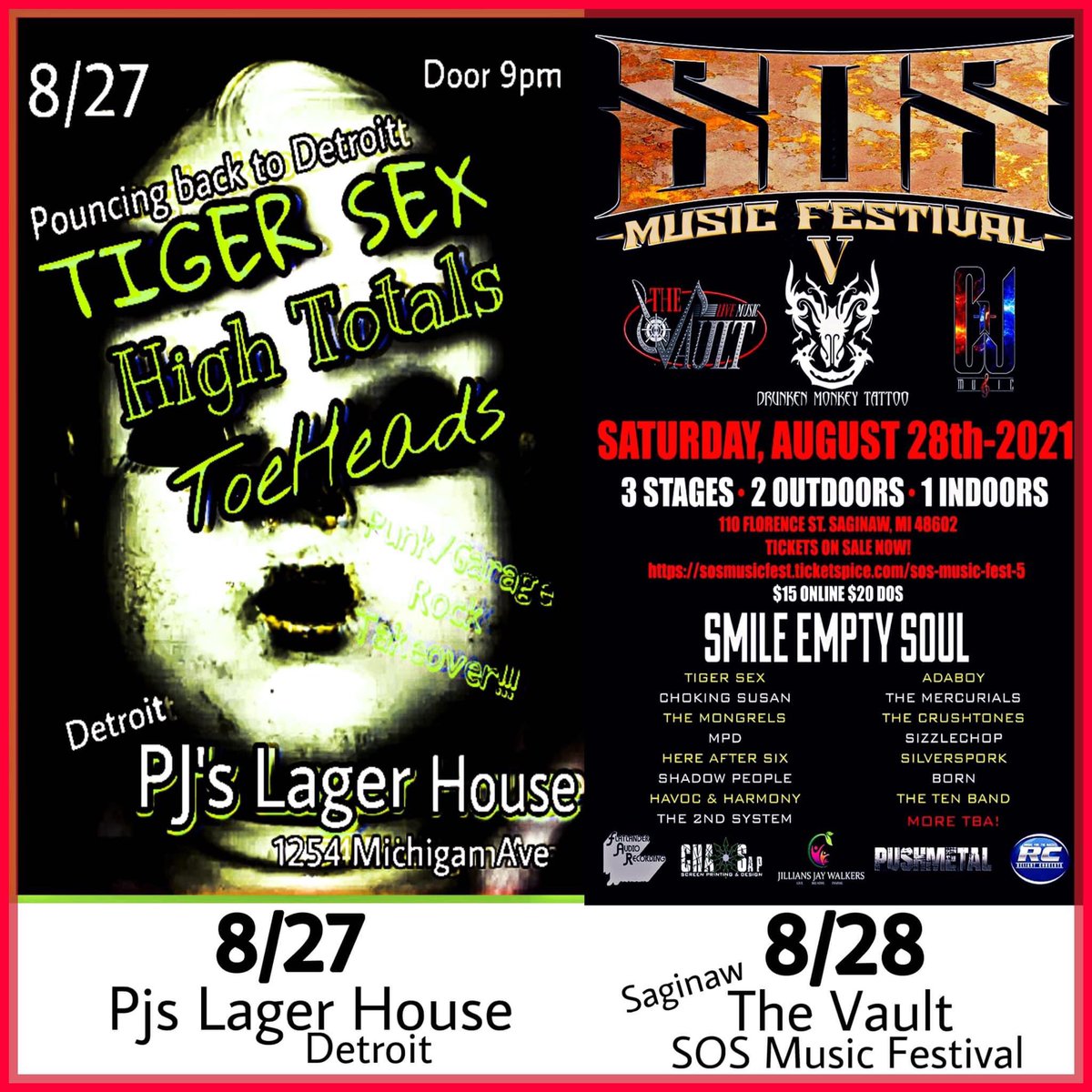 Tonight Friday 8/27 @pjs_lagerhouse #Detroit - #TigerSex, Toeheads, High Totals. Saturday 8/28 The Valut SOS Fest #rocknroll #sosfest #sos #saginaw #michigan