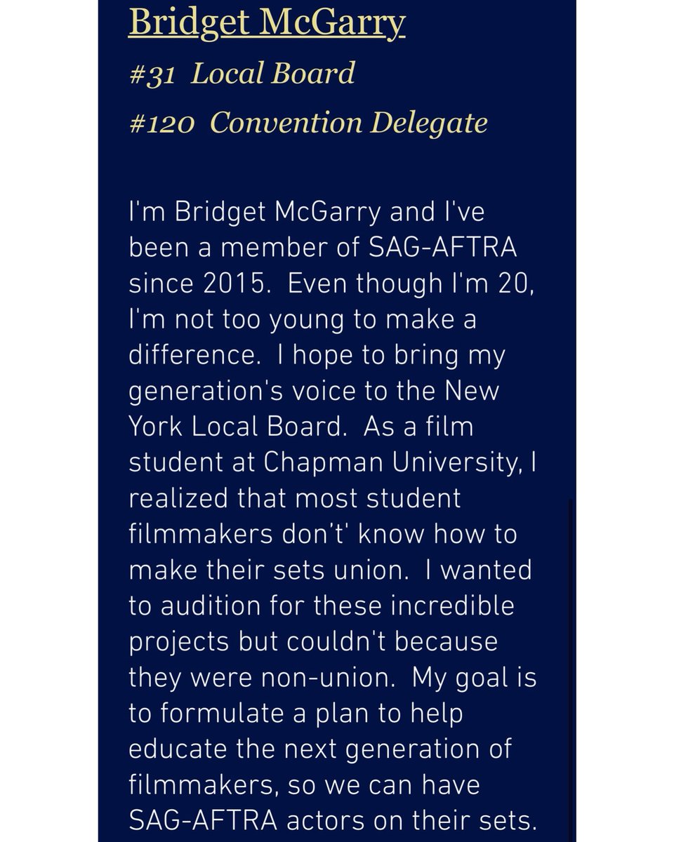 Here’s my @SAGAFTRANY candidate statement again for anyone who missed it! Make sure that you vote for me for NY Local Board #31 and Convention Delegate #120 as well as all of the @IDEAL_NY and @MatthewModine and @MsJoelyFisher!!! #SAGAFTRA #SAGAFTRAelection