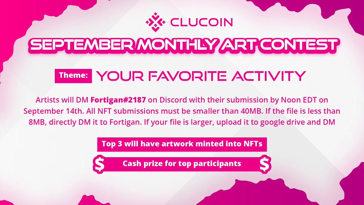 CluCoin's tweet photo. Welcome #NFTCommunity! Do you want a chance to have your #NFTart minted? Enter our $CLU #NFT art contest for a chance to have your #art minted and earn a cash prize. Visit our discord and read the announcements channel to learn more.
 https://t.co/MOwwQduF1J https://t.co/CjMAi9q9a8