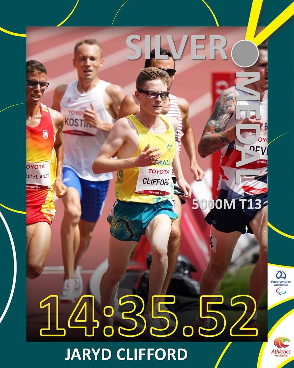 Guts and determination personified. Jaryd Clifford wins silver in the men's 5000m T13 after a grueling final lap duel, clocking 14:35.52 to finish behind Spain's Yassine Ouhdadi El Ataby. He's still got the 1500m and marathon to come! #ThisIsAthletics #ReadySetTokyo