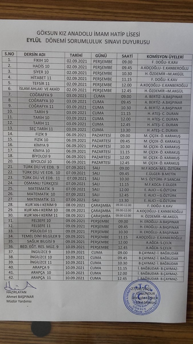 Eylül ayı sorumluluk sınavı duyurusu. 
Öğrencilerimizin sınavlarını takip etmeleri ve girmeleri önemle rica olunur.