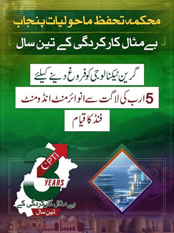 Establishment of Environment Endowment Fund with Rs. 3 Billion for Green Technology Promotion.
#بزدار_حکومت_کے_شاندار_تین_سال