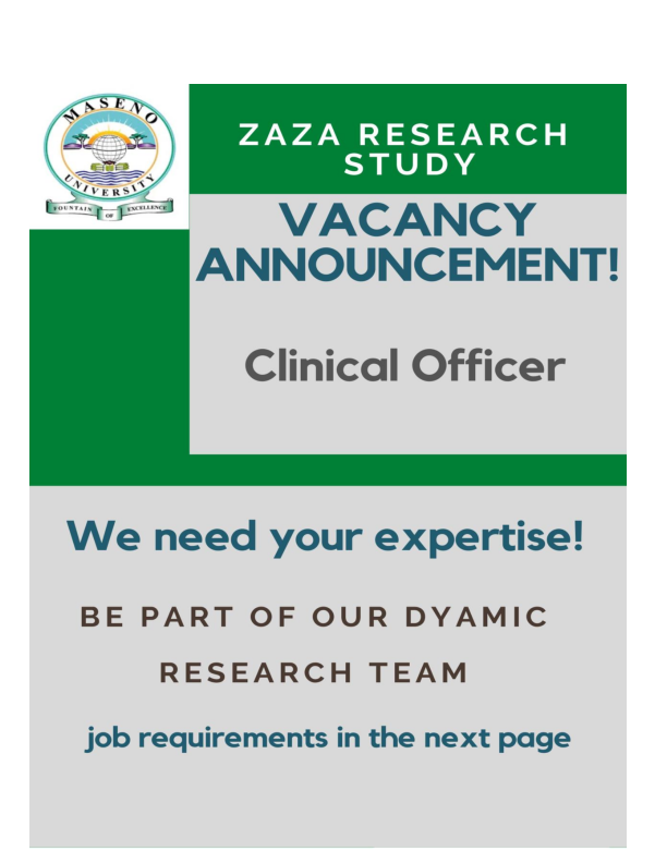 TeleBoit's tweet image. We are hiring!!!!!#IkoKaziKE #IkoKazi 
ZAZA Study is looking for a Clinical Officer with at least 5 years experience. The duty station is in Kisumu. If interested details are attached