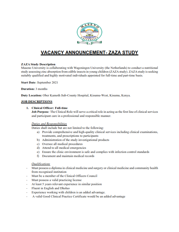 TeleBoit's tweet image. We are hiring!!!!!#IkoKaziKE #IkoKazi 
ZAZA Study is looking for a Clinical Officer with at least 5 years experience. The duty station is in Kisumu. If interested details are attached