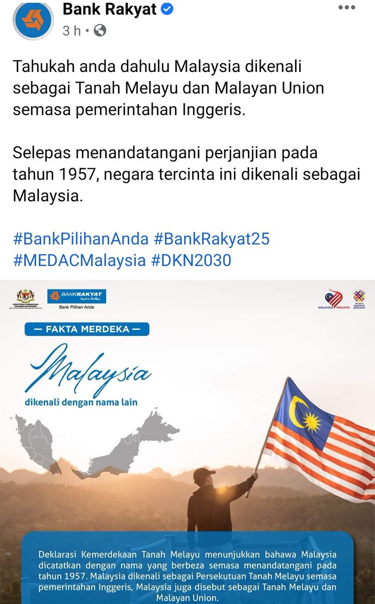 Bank Rakyat perlu diberi kuliah khas sejarah Malaysia. Tanah Melayu adalah Tanah Melayu sebelum dan selepas kamu merdeka pada 31 Ogos 1957. (1/3)