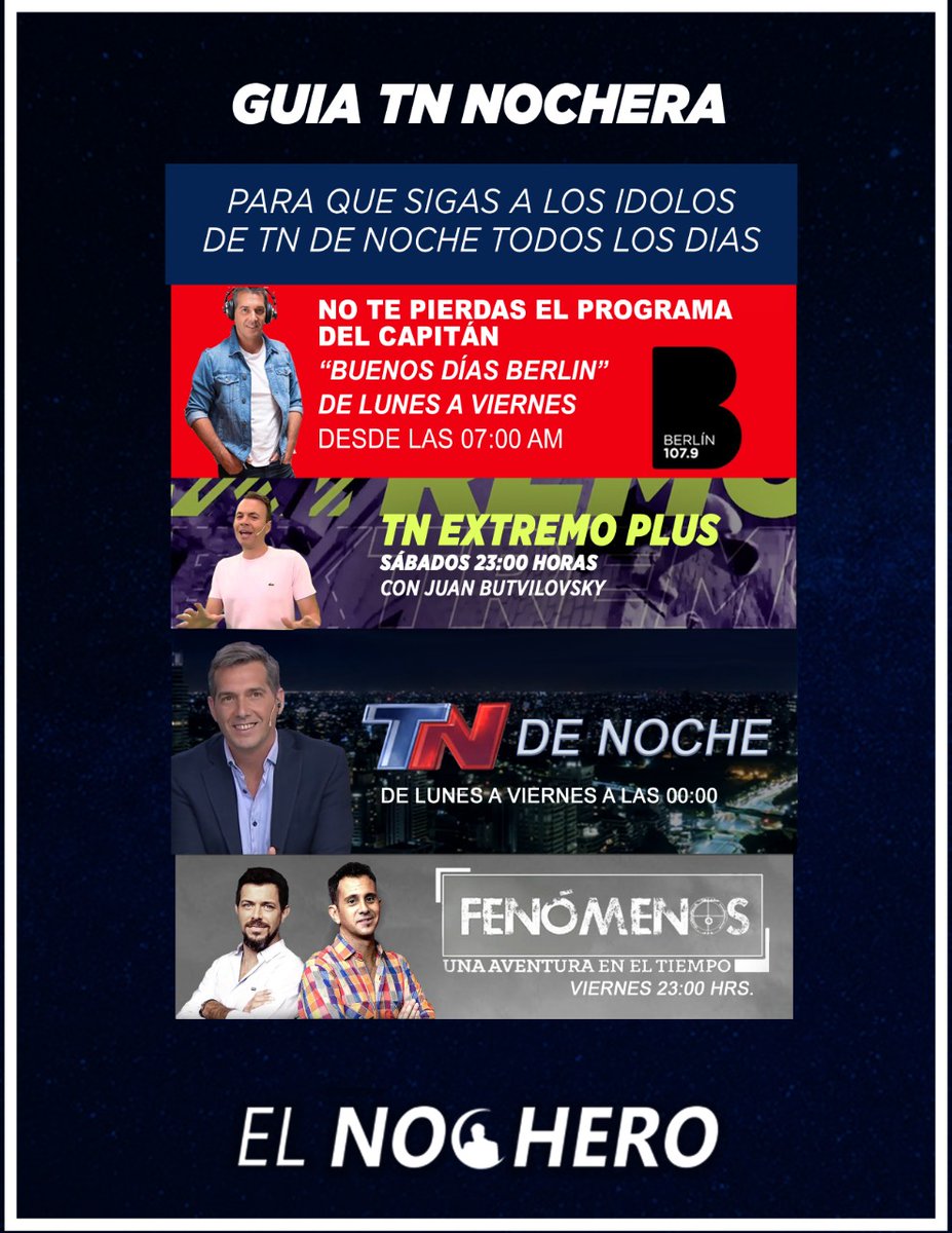 ElNochero_ok's tweet photo. 🟠 Llegó la Guía #TNnochera con todo lo que no te debes perder este finde.

➡️ #TNPlus el apasionado @JuanButvilosky nos trae toda la adrenalina del finde. Mañana a las 23 hrs. en @todonoticias https://t.co/fs719rRKmz