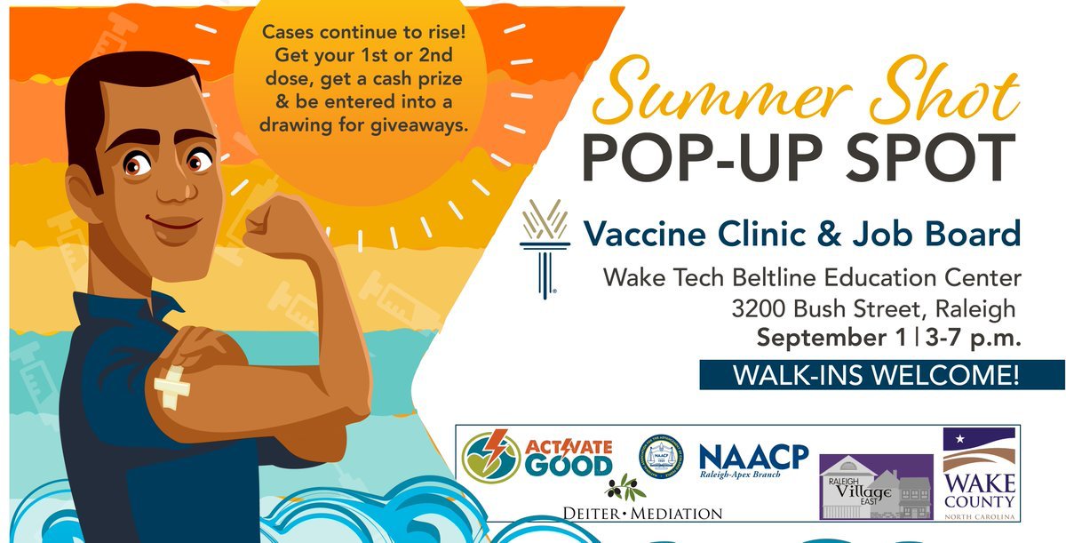 waketechcc's tweet photo. #WakeTech is teaming up with @activategood, @WakeGov, @RaleighApex, Raleigh Village East, and @mediatewithkate for a pop-up walk-in Vaccine Clinic.

Beltline Education Center
September 1
3pm-7pm

📍https://t.co/kzDdCyfjbe
🗺https://t.co/ArJQtPKZok
#VaccinateWake https://t.co/Oaz2qXopg2