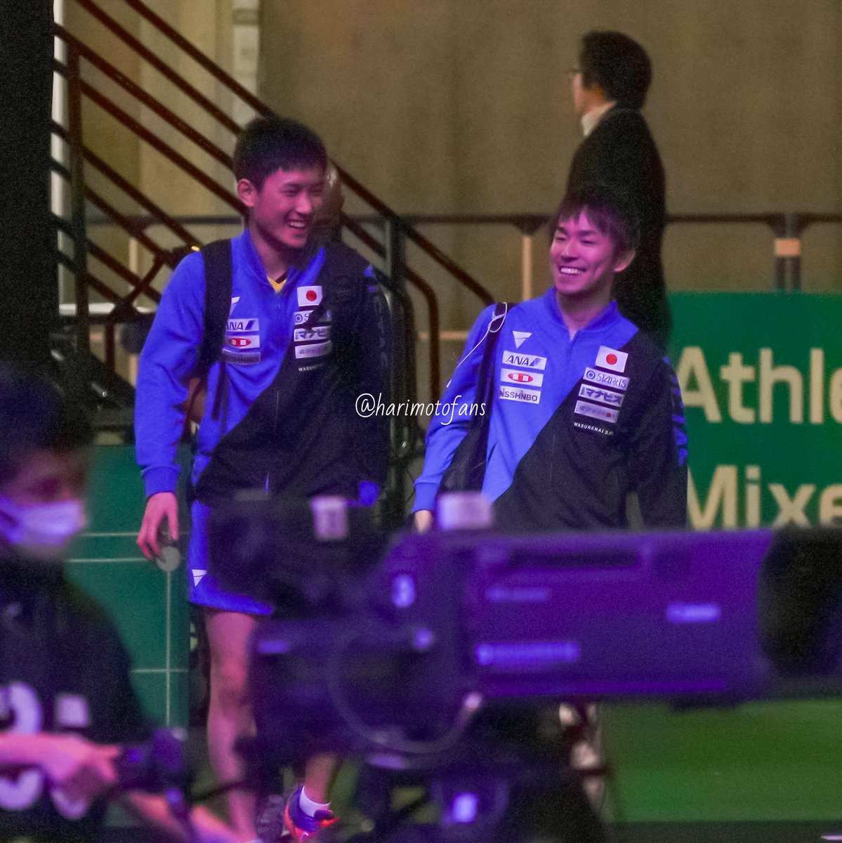 harimotofans's tweet photo. 2019チームW杯@東京体育館
中国との準決勝前、二人でニコニコ荷物を置きに来る→丹羽さんだけ座りポカリを飲み始める→スタッフから日本のベンチは反対側と聞いて張本選手が戻ってくる→「え、あっち？」→移動

画質悪いですが、ちょっとしたアクシデントの目撃は嬉しいですね☺️
今日は #にわの日 https://t.co/5WDzWvDWUj