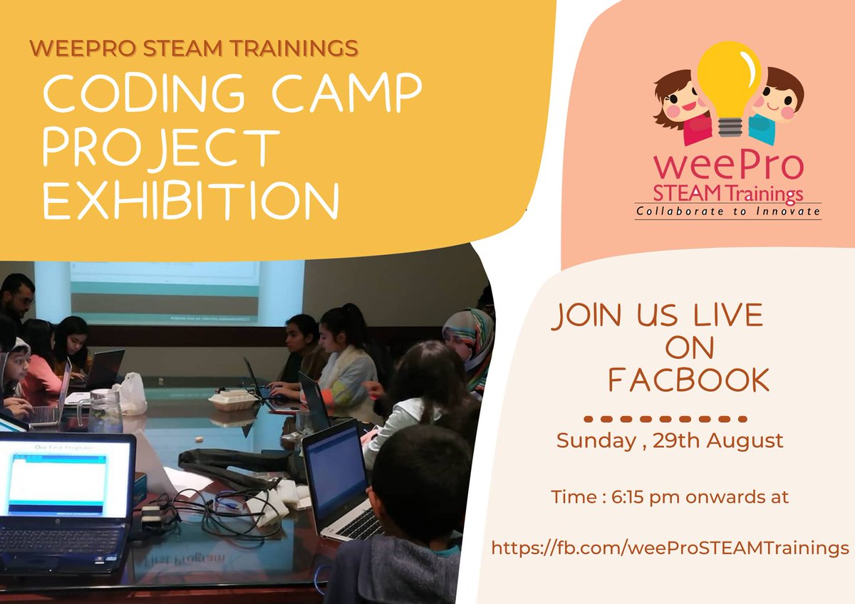 coding_weepro's tweet photo. Witness the sheer enthusiasm as our coding giants are going live on Sunday. Mark your calendar #Sunday #6pmPKT join on FB live event:
https://t.co/hdsvwbJwsw
#codingcamp #bootcamp #projectexhibition #girlswhocode #girlsinstem #STEMeducation #joinus #fbliveevent #code #codingisfun https://t.co/aGeJGd8riA