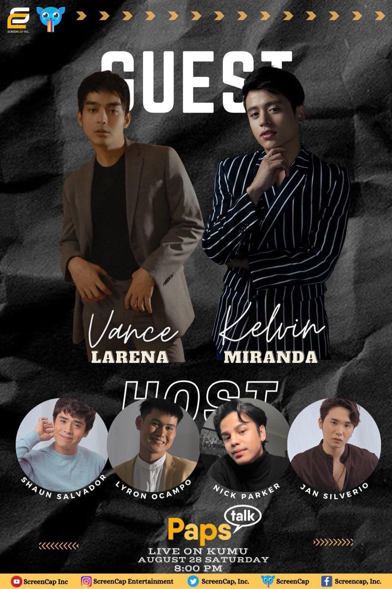 ScreencapI's tweet photo. IT'S A REUNION!
Ready na ba kayo? Tutok na later tonight at 8pm para sa isa na namang gabi na puno ng tawanan, kwentuhan, kulitan at PapsTalkan!
Basta sa KUMU account ng ScreenCap Inc.!
#PapsTalk
#KelvinMiranda
#VanceLarena
#SeasonEnder
#KumuPh
#TEAM
#ScreenCapInc https://t.co/6CHmiCRC7P