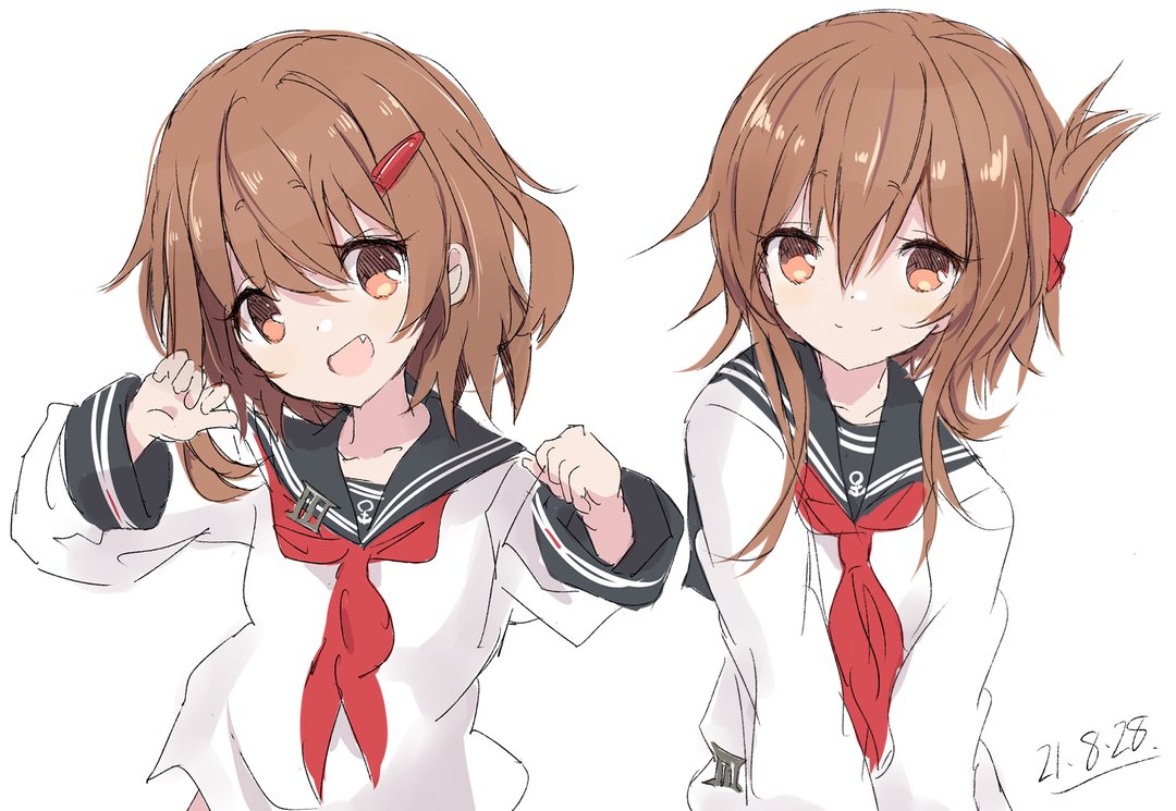 ikazuchi (kancolle) ,inazuma (kancolle) multiple girls 2girls brown hair school uniform serafuku black sailor collar sailor collar  illustration images