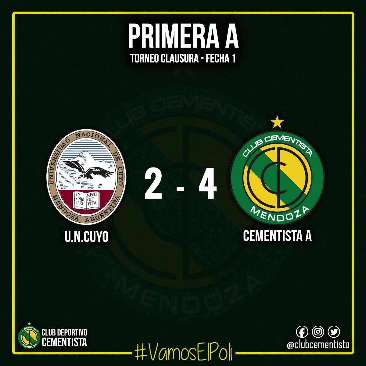 ClubCementista's tweet photo. #PrimeraA | Cementista A ganó en su visita a UNCUyo por la primera fecha del torneo Clausura 👏
#VamosElPoli🔰 https://t.co/f64nNrQQlQ