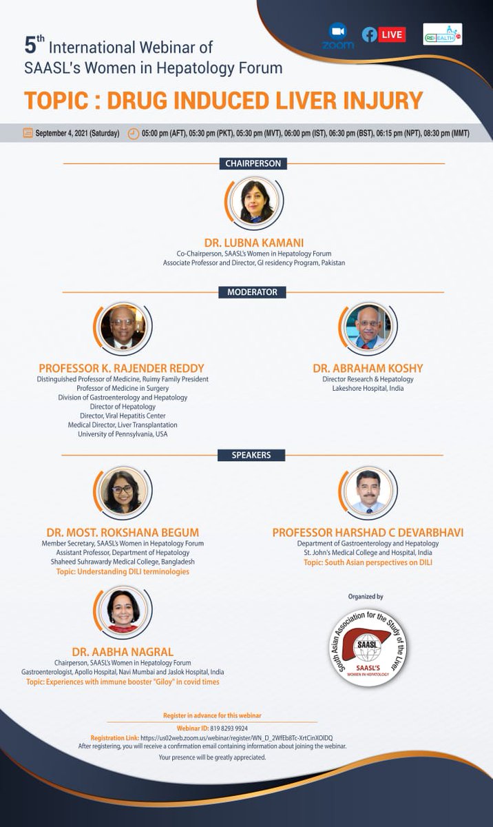 On of the leading cause of liver injury often remains undiagnosed.
Important session by Women in hepatology forum, SAASL @SAASL10 @LiverFellow @INASL_Liver @LiverInt @PSH_Office @FreeHepatitis @WGHPakistan
@womeninGH @WIMSummit
@UN_Women
us02web.zoom.us/webinar/regist…