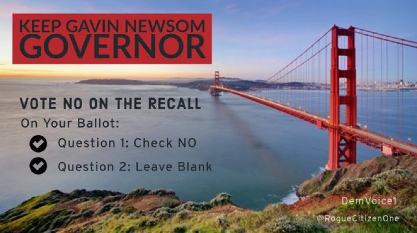 Californians, wanna know how easy it is to Vote NO on the recall of Gavin Newsom?

🌀Vote NO on #1 
🌀Leave #2 BLANK
🌀Put Ballot in enclosed envelope
🌀Seal envelope
🌀Sign &amp; Date back of envelope
🌀Mail or Drop Box before 8pm 
Sep 14th

#NoOnRecall 

#wtpBLUE #FreshVoicesRise