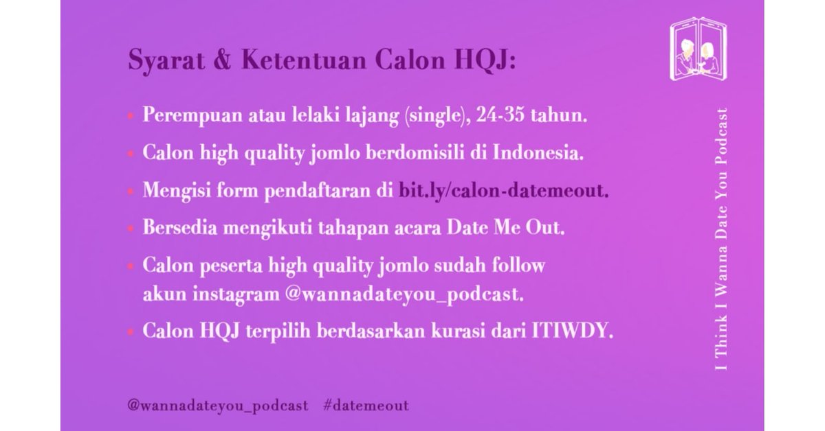 [DICARI! High Quality Jomlo] 🥂

Yang ingin berkenalan dengan orang baru, mencari pacar atau pasangan, bisa coba ikut kencan virtual berbasis audio di Date Me Out. FAQ dan pendaftaran, bisa ke bit.ly/calon-datemeout.