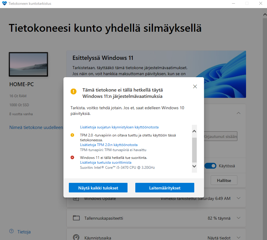 DoAudit's tweet photo. Tarkista tukeeko koneesi suoraan Windows 11 - päivitystä, PC Health Check - sovellus.

https://t.co/juUOzEb8MB

Esim. kodin uskollinen tornimallinen sotaratsu sisuskalujen osalta päivitetty mutta ei...

#windows11 #pchealthcheck #valmista #paivitykseen #JustDoIT #SuoraanSuoneen https://t.co/5B5fHYJVCq