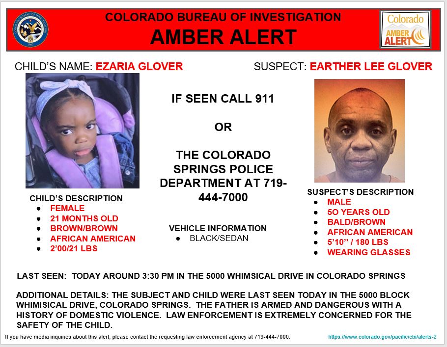 AMBER ALERT ACTIVATION - COLORADO SPRINGS PD
LAST SEEN: 5000 BLOCK OF WHIMSICAL DRIVE, IN COLORADO SPRINGS AROUND 3:30PM TODAY