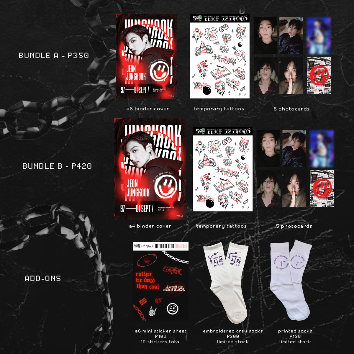 bangstanph_'s tweet photo. ❤️‍🔥 BANGSTAN SHOP UPDATE ❤️‍🔥

NAMKOOK
🌪 Keychains + Mini Sticker Sheet
🌪 Link: https://t.co/nk7fPgQ3O0

RATHER BE DEAD THAN COOL
🌪 JK day event
🌪 a Bangstan x @tinyjjkook collab
🌪 Preorder form: https://t.co/2MJecXix6O

🏷 wts lfs bts ph jungkook namkook   merch kpop bangtan https://t.co/uzmwKAnyzD