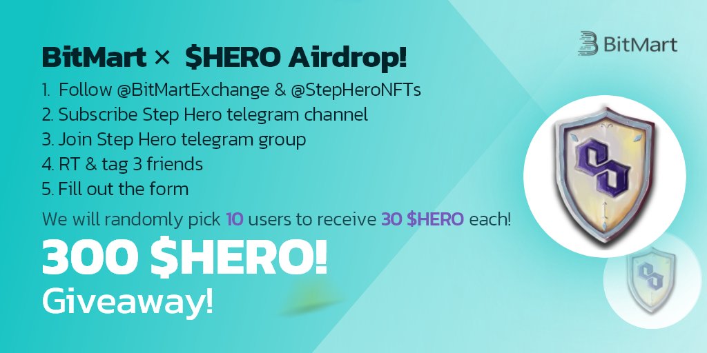 BitMartExchange's tweet photo. 🎉To celebrate @StepHeroNFTs listing, we’re giving away 300 $HERO!
 
1⃣Follow @BitMartExchange &amp; @StepHeroNFTs
2⃣Subscribe https://t.co/qCOb7o6ar1 
3⃣Join https://t.co/ZV6i4nDYQI 
4⃣RT and tag 3 frds 
5⃣Fill: https://t.co/xCdGzo0S1h 
 
✨ 10 lucky winners receive 30 $HERO each ! https://t.co/2KV0PV0KSd