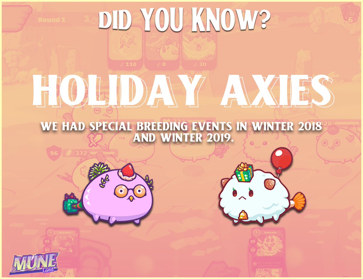 muneguild's tweet photo. Holiday Axies were exclusively bred during the last Winter 2018 and Winter 2019 events, these Axies could not be created anymore, significantly boosting their value. Some have super rare body parts like the "Spruce Sprear", while some have special "snowflake" animations. https://t.co/N0FvU68ias