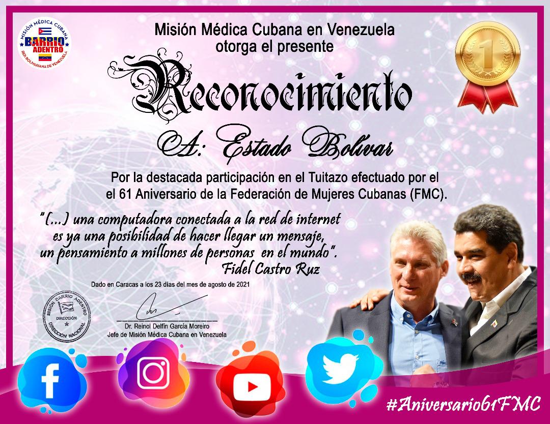 Cubacooperabol2's tweet photo. La Misión Médica Cubana en Venezuela otorga reconocimiento a @Cubacooperabol2 🥇 por la destacada participación en el twittazo. #Aniversario61FMC @KeylerING @GranSabanaOdont @LilyWad75051099 @AdanVillavicen5 @AnayansyPR @Ronald1969HT @yiselgarciavera @YadmaraR https://t.co/rG6Pq1B2nc