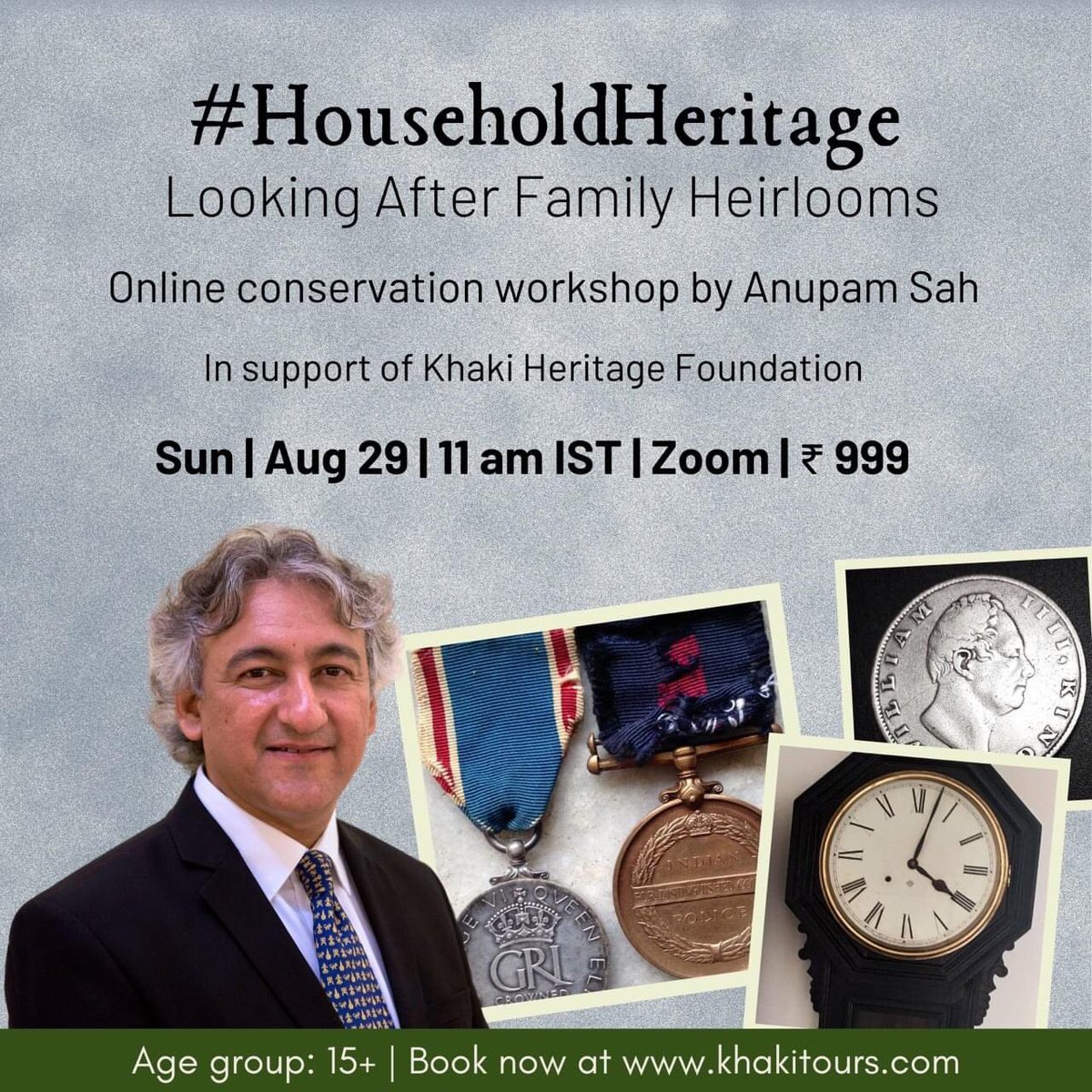 KhakiLab's tweet image. Just a reminder. Tomorrow, 29th August, at 11 am IST Anupam Sah will guide us on looking after our family heirloom at the online conversation workshop #HouseholdHeritage. Book now at khakitours.com

#ConservationWorkshop #Heritage #FamilyHerilooms