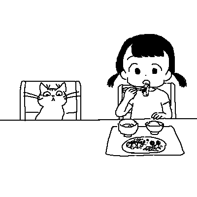 食卓についていれば自分もごはんもらえると思ってる猫 