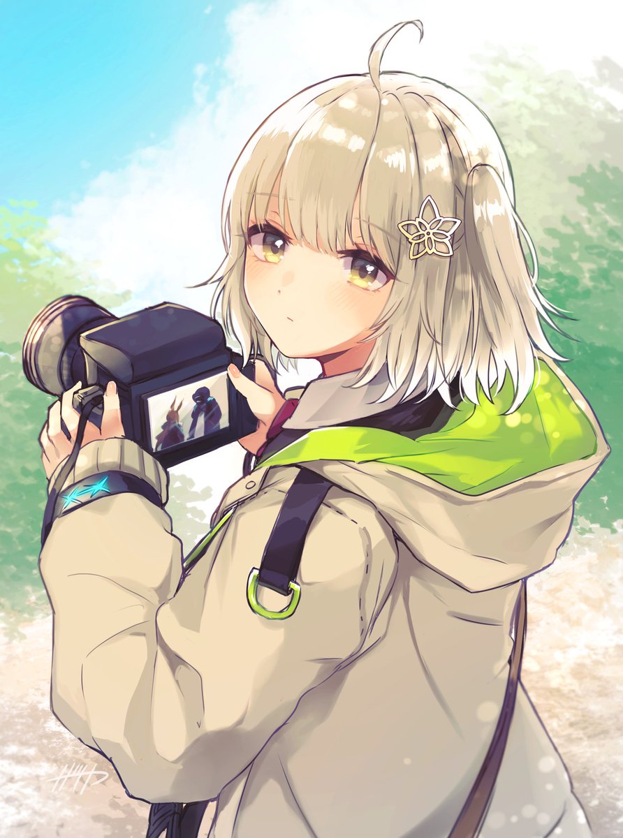 1girl camera holding camera solo ahoge hair ornament holding  illustration images