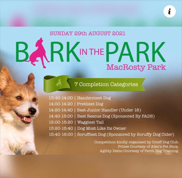 We are very much looking forward to Bark in the Park tomorrow. We will be along as proud sponsors of the Scruffiest Dog Class. 😊<a href="/VisitCrieff/">Visit Crieff</a> <a href="/PADSKENNELS/">Pads Kennels</a>