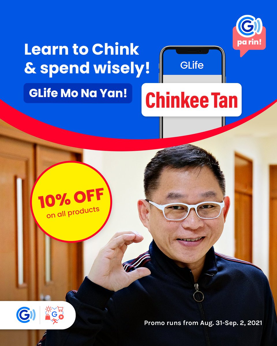gcashofficial's tweet photo. Here’s our first tip to Chink-ing and spending wisely: Order safely at home &amp; enjoy 10% OFF on Chink Shop products! 

Remember: Always #ChinkPositive 😉

#GLifeMoNaYan from Aug. 31-Sep. 2, 2021. https://t.co/yp540X36zc