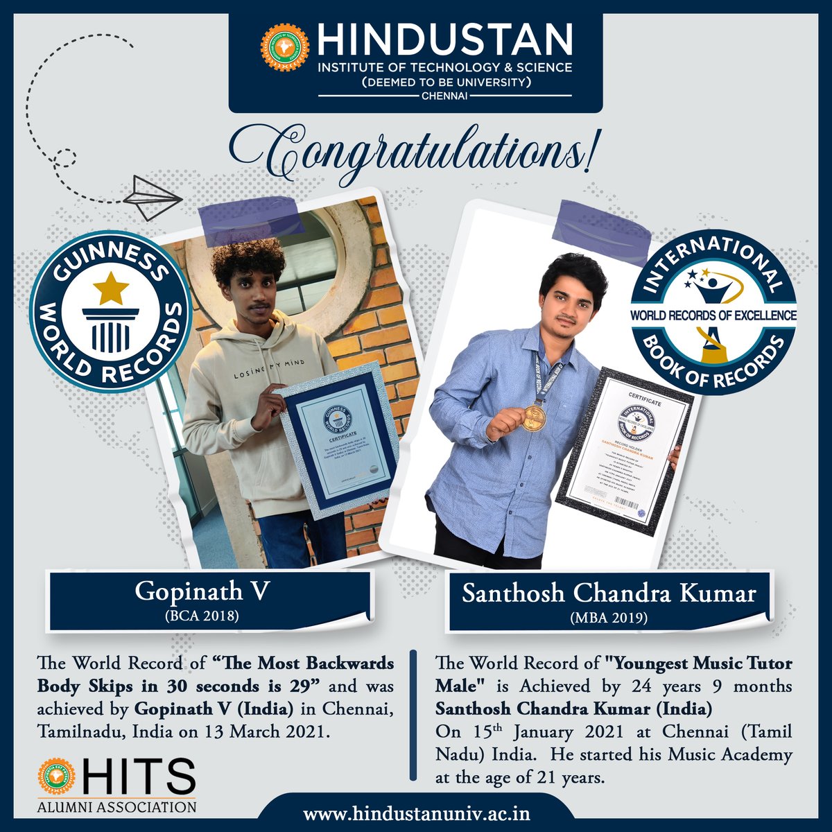 HITSAA_ADMIN's tweet photo. Hearty Congratulations to our beloved Alumni Mr. Santhosh & Mr. Gopinath on making World Record
#HITSAA #hits #HindustanInstituteofTechnologyandScience #AlumniNews #prideofhits #PrideofHindustan #MyHindustan #hitseee2021 #Hindustan4.0 https://t.co/BVWQi4nvTc