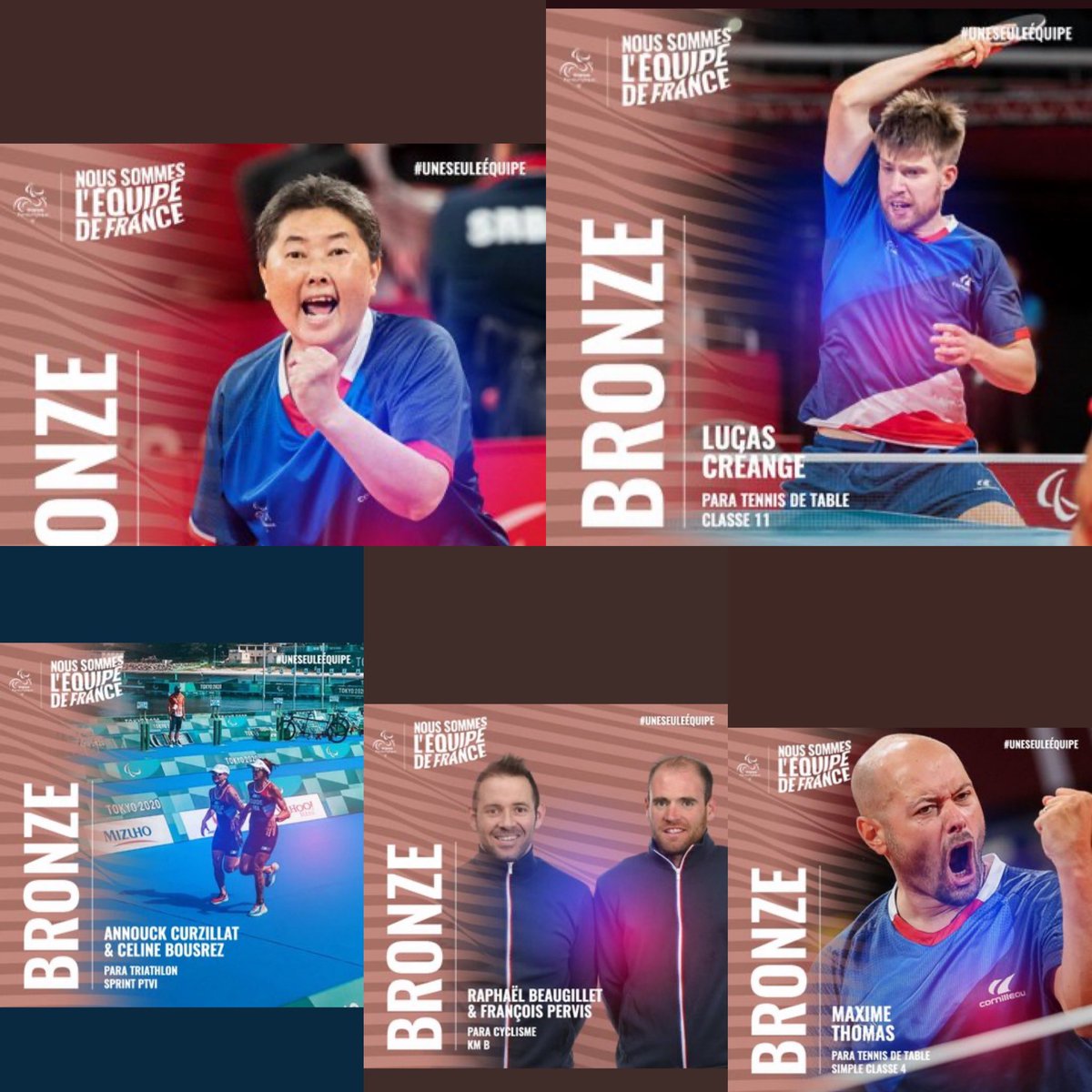 MJEREMIASZ's tweet photo. Je vous présente nos médaillés de bronze du jour @maximethomas83 @FrancoisPervis #RaphaelBeaugillet #LucasCreange #ThuKamkamsomphou #MaximeThomas #AnnouckCurzillat #CelineBousrez 🔥🥉👊🇫🇷❤️🔥
🏓🏓🚴‍♀️🚴🏽‍♂️🏊‍♀️🏊🏼‍♂️🏃🏽‍♀️🏃🏽 https://t.co/G1RpXK8sck