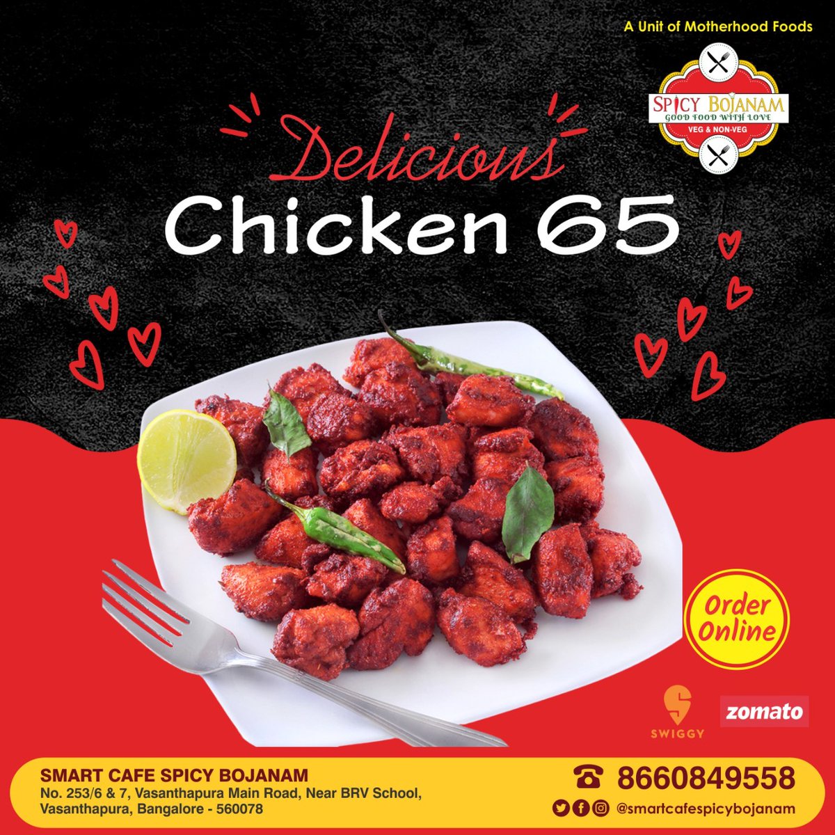 Spice up your weekend with our delicious chicken 65  marinated with freshly crushed spices. Lip-smacking taste in every bite.

#andrafood #foodlover #nonveg #spicyfood #bangalore #smartcafe #spicybojanam #grillchicken #chicken #restaurant #hotel