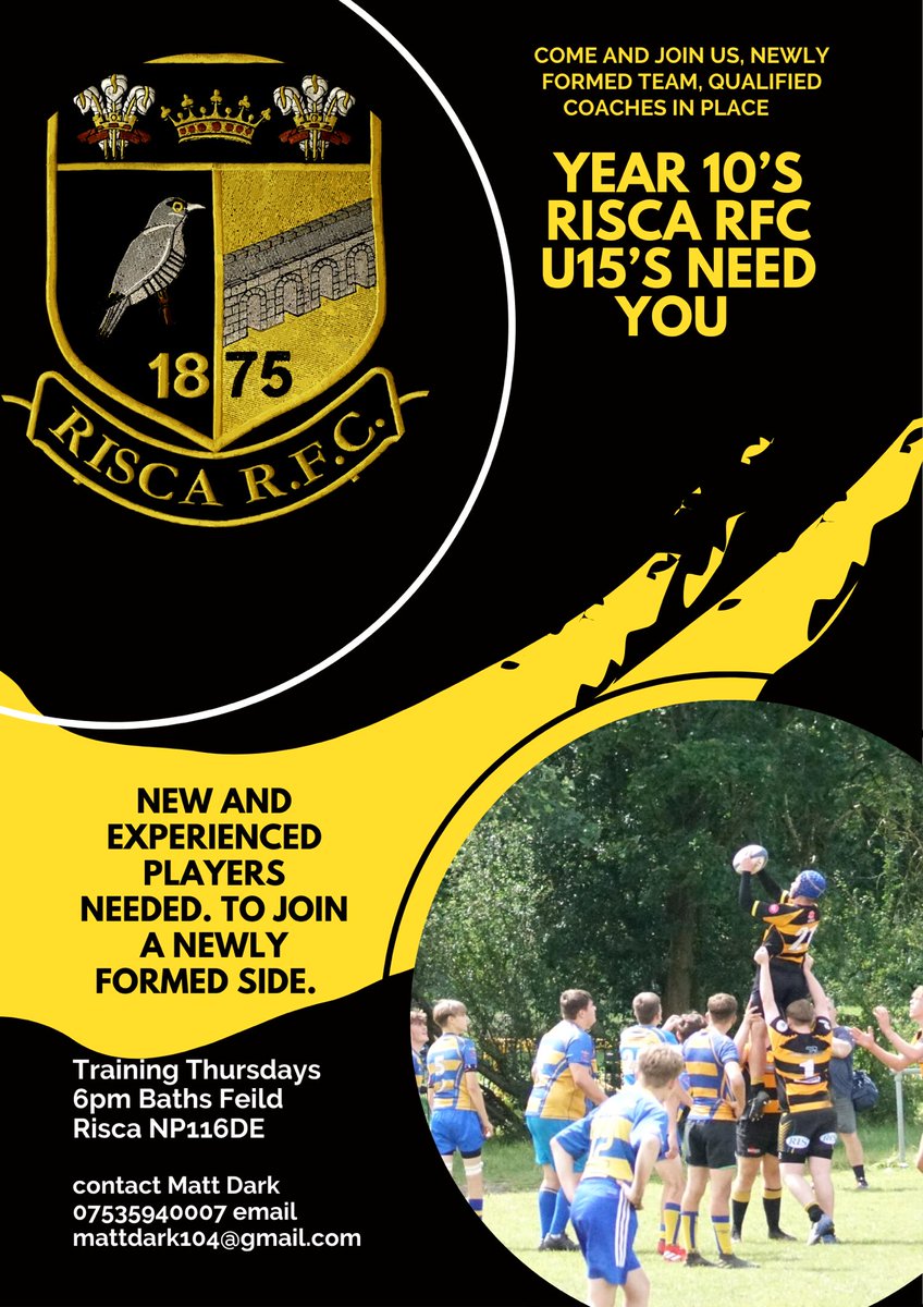 Year 10’s in Sept looking to play Rugby. New or old to the game welcome to join this new team. Great coaches in place. Training starts Thurs 6pm please retweet. <a href="/RiscaYouthRFC/">Risca Youth RFC 🖤💛</a> <a href="/RiscaRugby/">Risca RFC</a> <a href="/RiscaRFCMandJs/">Risca RFC Mini and Juniors</a> <a href="/RCCS_MrKnottPE/">Mr Knott</a> <a href="/RiscaCCS/">Risca CCS</a> <a href="/newbridgepe/">Newbridge PE Dept</a> <a href="/CuckooRisca/">Risca Cuckoo</a>
