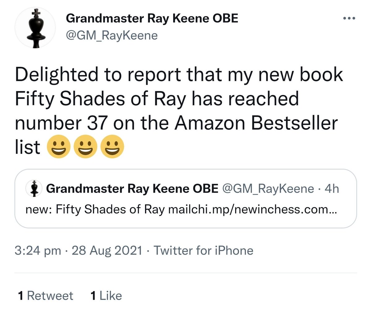 KeeneWatchers's tweet photo. This is grossly deceptive, referring only to https://t.co/Rq4dFgQN1c and only to the ranking of books about chess. Overall, the book is not in the 40,000 UK best-sellers. At https://t.co/H26ZaKnt87, its current rating is 305,791, with a ranking of 335 in books about chess only. https://t.co/DECPyfGuIq