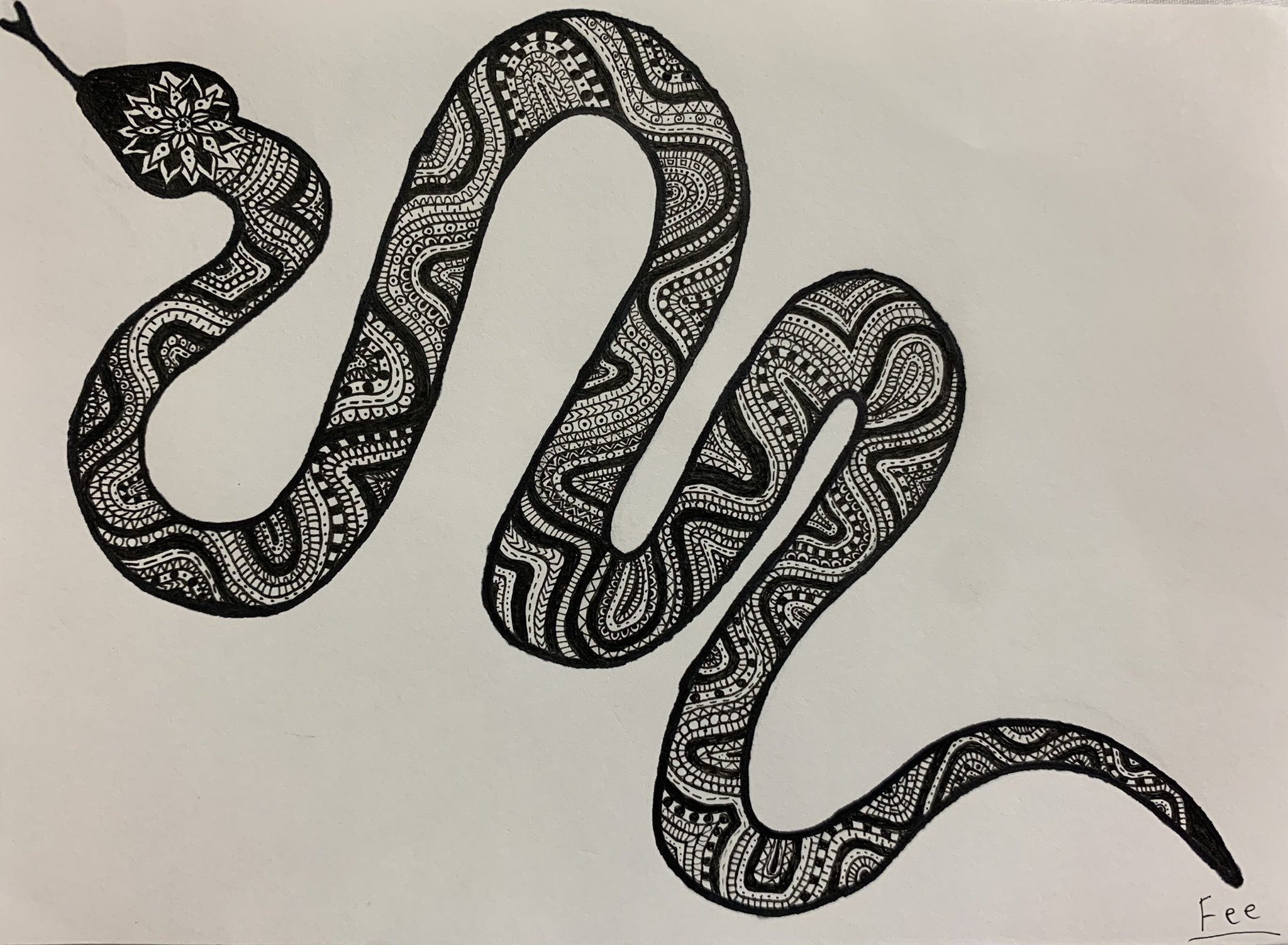 色鉛筆画A4 蛇 ヘビさんの色鉛筆画、完成しました！ 白蛇はとても縁起が良いと