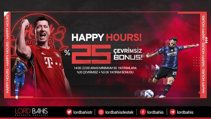 lordbahistr's tweet photo. HAPPY HOURS!

Yatırım yöntemi farketmeksizin, bugün 14:00-22:00 arası yapacağınız 50 TL ve üzeri yatırımlarınıza %20 çevrimsiz bonusa ek %5 ekstra bonus fırsatı!

👉https://t.co/z3RS0nr2x6 https://t.co/ibcbz94UM3