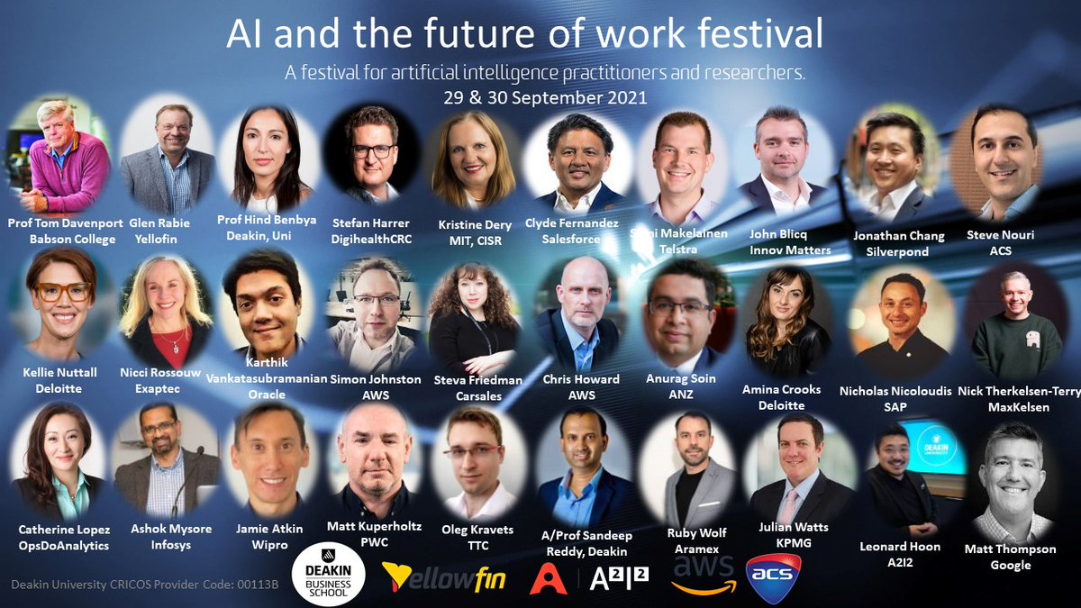 Book your front row seat👉 : lnkd.in/dEavc34V Sept 29-30 Inaugural #AI &amp; #futureofwork Festival”
Hear from our 30+ speakers: <a href="/tdav/">Tom Davenport</a> <a href="/glenrabie/">Glen Rabie</a> <a href="/KellieNuttall/">Kellie Nuttall</a> <a href="/sp_johnston/">Simon Peter Johnston</a> <a href="/Nicci_Rossouw/">Nicci Rossouw</a> @nickmaxkelsen <a href="/drnicnic/">Nicholas Nicoloudis</a> @anuragsoin <a href="/AshokMysore1/">Ashok Mysore</a> <a href="/kristinedery/">Kristine Dery</a> @clfernan <a href="/DeakinDisba/">Deakin Information Systems and Business Analytics</a>