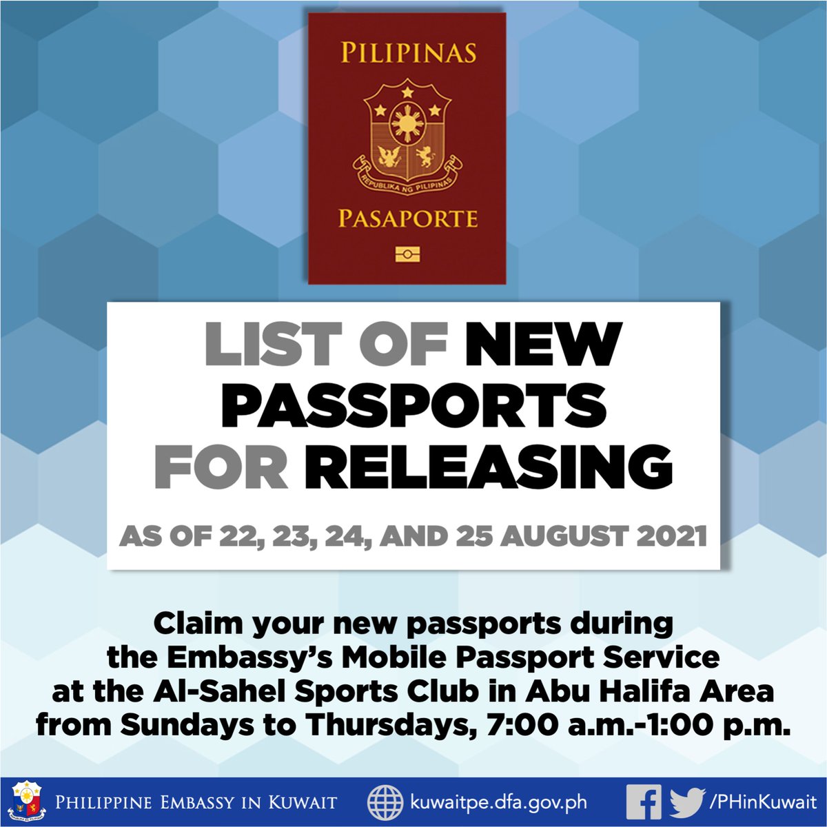PHinKuwait's tweet image. Kabayan, narito muli ang mga listahan ng bagong dating na pasaporte mula Pilipinas para sa passport releasing:
- bit.ly/3ziua7i (August 22 list)
- bit.ly/386XlhD (August 23)
- bit.ly/38gWVoV (August 24)
- bit.ly/3jojcr9 (August 25)

#PHinKuwait