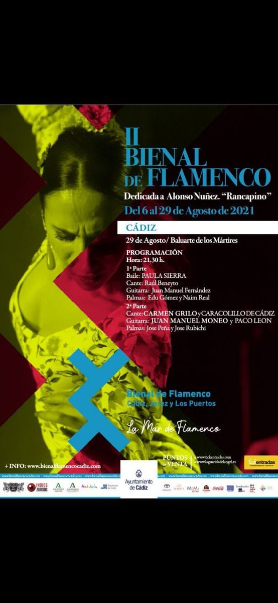 Programa definitivo.
🔴 29 agosto, en Baluarte de Cádiz, clausura Bienal Flamenco de Cádiz, Jerez y Los Puertos.
Paula Sierra, Carmen Grilo ...
<a href="/BienalCadiz/">Bienal de Flamenco de Cádiz</a>