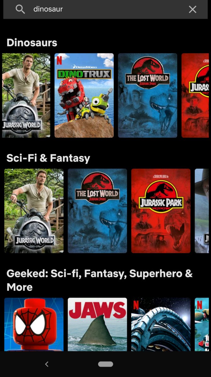 csainty's tweet photo. When did @netflix make this change to search? Now I need to scroll sideways, down, and past duplicates, just to see the results? This is awful. https://t.co/7kde5MJ8nF