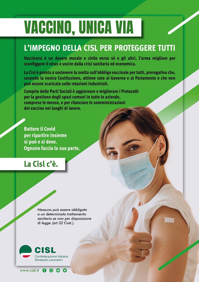 🗣Vaccinarsi è un dovere civile e morale, l’arma per sconfiggere il #covid. La #Cisl è pronta a sostenere l’obbligo vaccinale che spetta solo alla legge. Aggiornare i protocolli e rendere più sicuri i luoghi di #lavoro è stato e rimane l’obiettivo del sindacato.