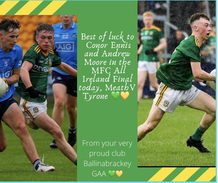 Ballinabrackey1's tweet photo. Today’s the day! All roads lead to Croker 💚💛We at Ballinabrackey Gaa are so proud of these two lads and we will all be there to cheer to them on today. Our extended well wishes to all coaches and management. Let’s bring the silverware back to the Royal county. #CrokerBound💚💛 https://t.co/0qtaRkNo10