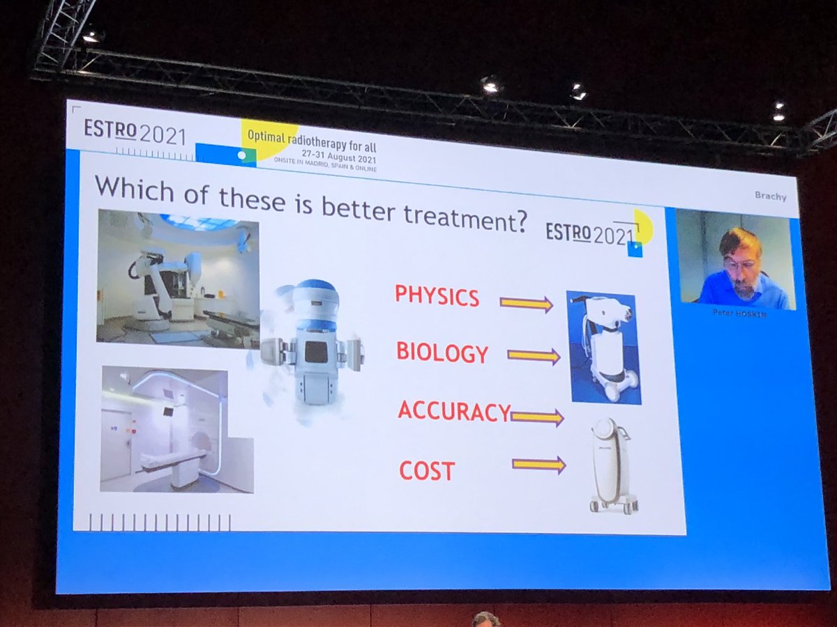 PietersBradley's tweet photo. #ESTRO2021 The Debate SBRT - #Brachytherapy for PCa treatment. #WhereisHoskin in favor of Brachytherapy. Big advantage - Higher dose, exploiting benefits low a/b, toxicity, costs, long experience https://t.co/h1UBV0K9gc