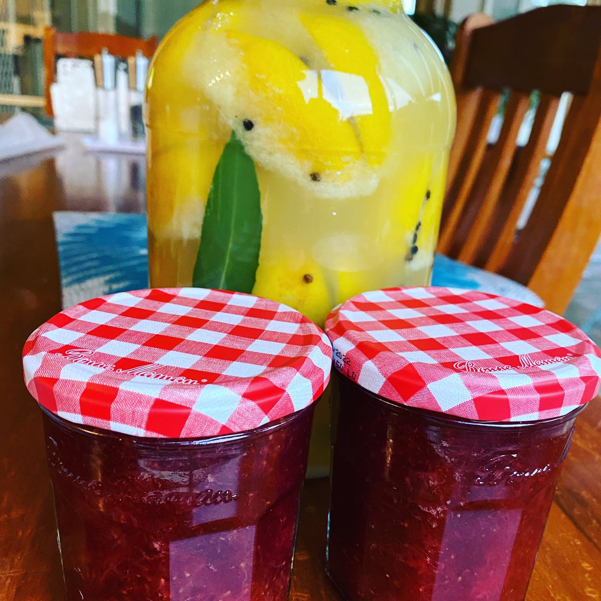 CDV007's tweet photo. Preserved lemons 🍋 and strawberry jam 🍓 #lockdownkitchen #homegrownlemons https://t.co/yfhFVJLtXj