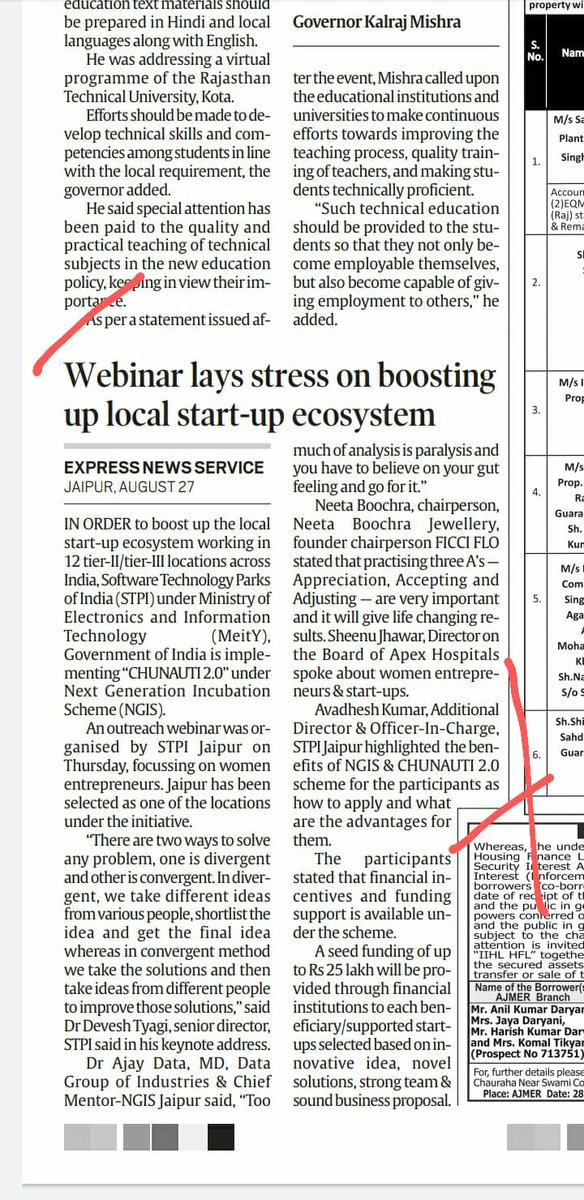 Media coverage for #STPIINDIA Outreach webinar on #CHUNAUTI2.0 under #NGIS enabling women entrepreneurs to co-author the innovation growth story of India organized by @StpiJpr on 26th August, 2021. @Omkar_Raii @DeveshTyagii @purnmoon @stpinext