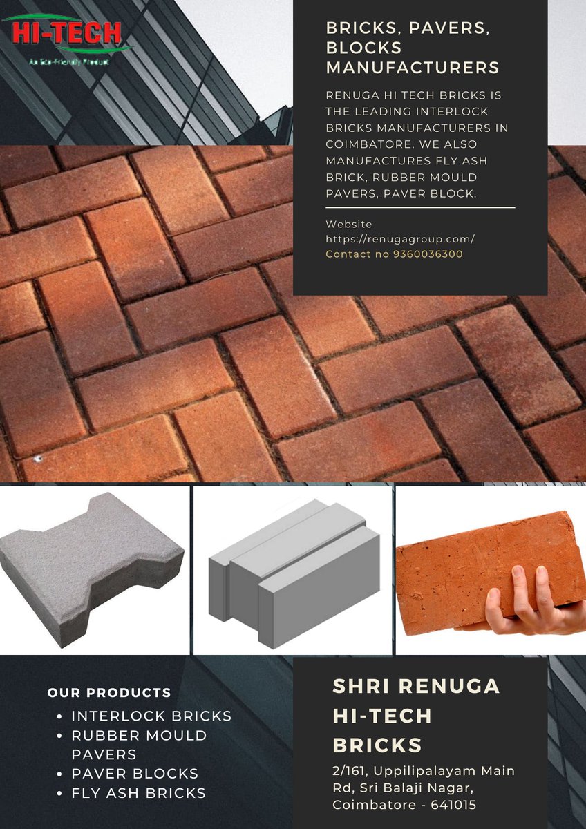 RamRan27316604's tweet image. Renuga Hi Tech Bricks is the leading Interlock Bricks Manufacturers in coimbatore. We also manufactures Fly Ash brick, Rubber Mould Pavers, Paver Block. Our products are high-quality at affordable price.
renugagroup.com
#interlockbricks #manufacturers #Coimbatore