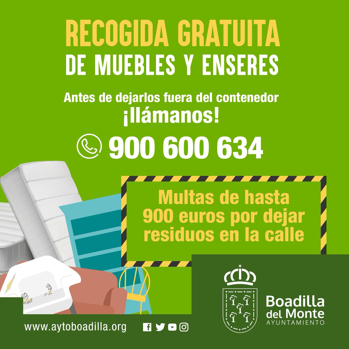 Ayto_Boadilla's tweet photo. 📞 Os dejamos el número del servicio gratuito de recogida de muebles y enseres 👇 https://t.co/iGiyScmMWp